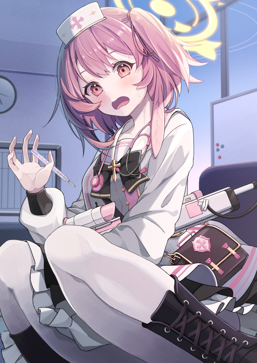 1girl assault_rifle bag blue_archive blush boots bullpup collarbone feather_hair gun hair_ribbon halo hand_up hat highres holding holding_gun holding_weapon indoors l85 lace-up_boots long_sleeves looking_at_viewer nurse_cap one_side_up open_mouth pantyhose petticoat pink_eyes pink_hair red_ribbon ribbon rifle sailor_collar serina_(blue_archive) shirousagi_una shirt short_hair sitting solo sweatdrop thermometer weapon white_pantyhose white_sailor_collar white_shirt yellow_halo