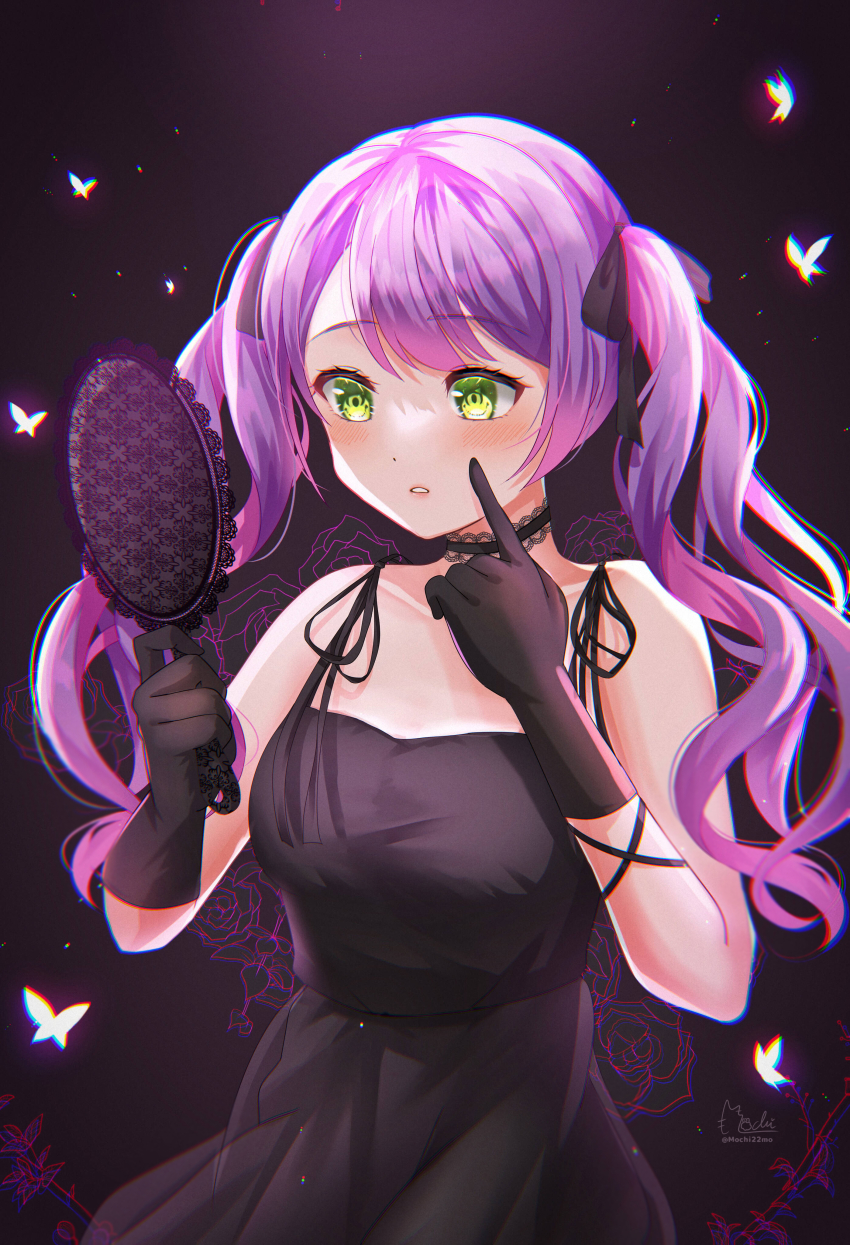 1girl absurdres alternate_costume alternate_hairstyle black_choker black_dress black_gloves blush breasts bug butterfly choker chromatic_aberration commentary_request dot_nose dress flower gloves gradient_hair green_eyes hair_ribbon hand_mirror highres holding holding_mirror hololive insect lace-trimmed_choker lace_trim long_hair looking_at_object mirror mochi_tsu22 multicolored_hair pink_hair ribbon solo tokoyami_towa twintails virtual_youtuber