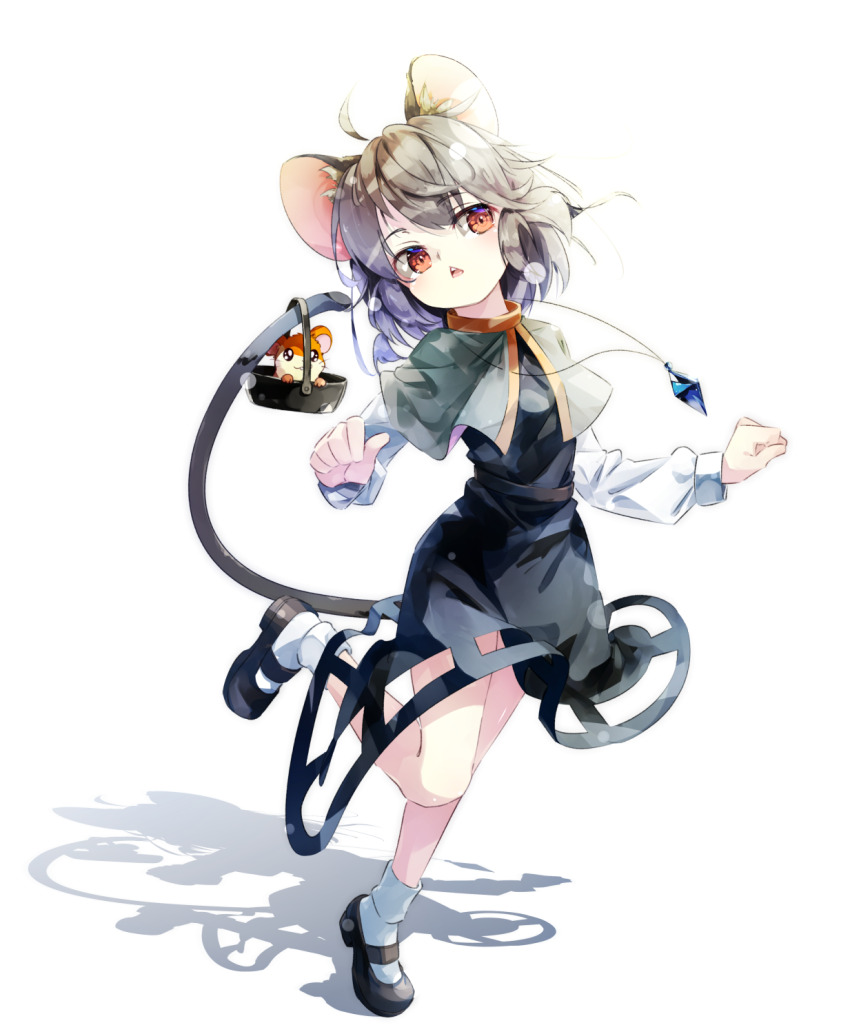 1girl ahoge animal_ear_fluff animal_ears basket black_shoes black_skirt black_vest blush breasts brown_eyes capelet commentary_request crossover crystal full_body gorilla_(bun0615) grey_capelet grey_hair hamtaro hamtaro_(series) highres jewelry long_sleeves looking_afar looking_to_the_side mary_janes medium_hair mouse_ears mouse_girl mouse_tail nazrin open_mouth pendant shadow shirt shoes simple_background skirt skirt_set small_breasts socks tail touhou vest walking white_background white_shirt white_socks