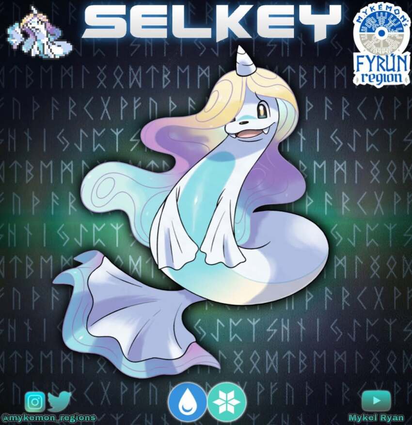artist_name creatures_(company) english_text fakemon fangs game_freak horns instagram_logo instagram_username long_hair multicolored_hair mykel_ryan nintendo no_humans original pokemon pokemon_(creature) runes seal_(animal) single_horn solo twitter_username youtube_logo youtube_username