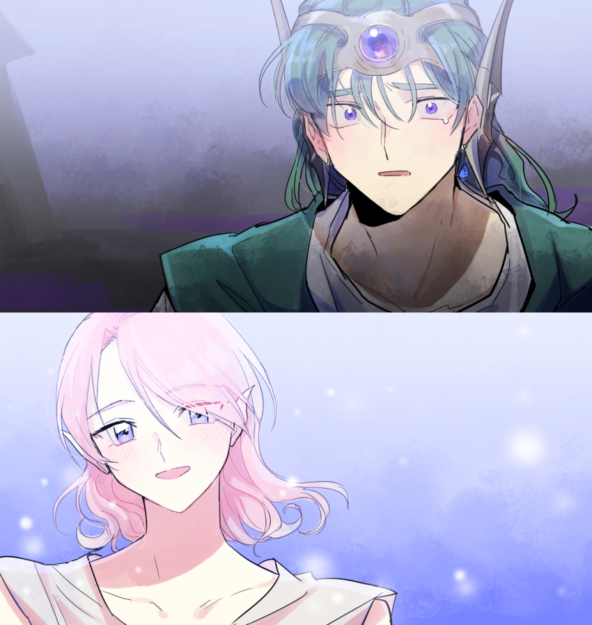 1boy 1girl aqua_tunic blue_eyes blue_gemstone collarbone commentary_request cynthia_(dq4) dragon_quest dragon_quest_iv earrings fins floating_hair forehead_protector fukusuu_(zeonms_06s) gem gradient_background green_hair head_fins hero_(dq4) highres jewelry looking_at_another looking_at_viewer medium_hair open_mouth partial_commentary pink_hair pointy_ears portrait shirt single_earring single_tear split_screen tunic upper_body white_shirt wide-eyed