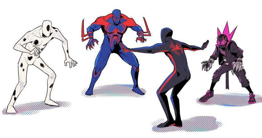 4boys animal_print arm_blade black_bodysuit black_jacket blue_bodysuit blue_mask bodysuit broad_shoulders cargo_shorts clawed_gauntlets hole_in_head jacket jurassic_park male_focus marvel meme miles_g._morales miles_morales mozu_suka multiple_boys multiple_persona muscular muscular_male open_clothes open_jacket outstretched_arms prattkeeping_(meme) print_bodysuit prowler_(marvel) purple_mask red_bodysuit shorts silk spider-man:_across_the_spider-verse spider-man_(2099) spider-man_(miles_morales) spider-man_(series) spider-verse spider_print spider_web spider_web_print spot_(marvel) superhero_costume two-tone_bodysuit weapon