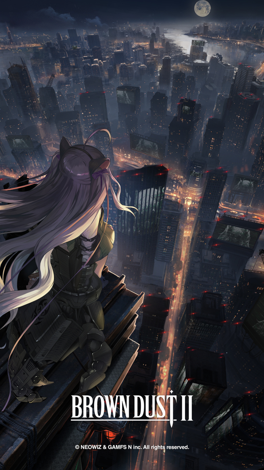 1girl ahoge animal_ears billboard black_dress blurry brown_dust_(series) brown_dust_2 building cat_ears city_lights cityscape copyright_name dress fake_animal_ears from_above from_behind full_body full_moon grey_hair highres huge_weapon lake long_hair looking_down mechanical_arms moon morphea_(brown_dust) night official_alternate_costume official_art official_wallpaper rou_(brown_dust) searchlight second-party_source shirt skyline skyscraper solo very_long_hair weapon white_shirt