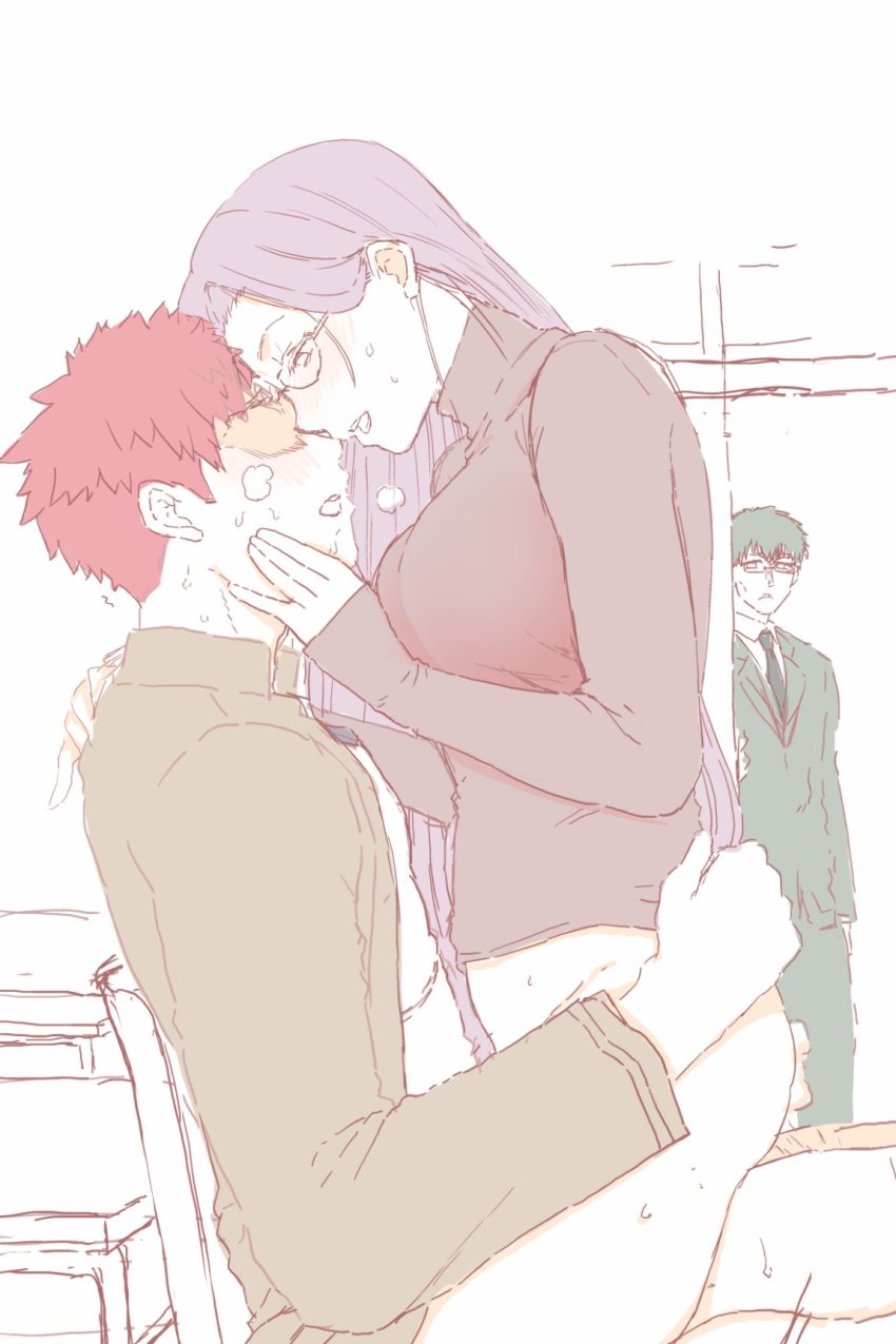 1girl 2boys black_sweater bottomless caught clothed_sex emiya_shirou eye_contact fate/stay_night fate_(series) girl_on_top glasses hetero highres kuzuki_souichirou long_hair long_sleeves looking_at_another medusa_(fate) medusa_(rider)_(fate) mo_(kireinamo) multiple_boys pale_color purple_hair sex simple_background sleeves_past_wrists straddling sweat sweater turtleneck turtleneck_sweater upright_straddle very_long_hair walk-in white_background