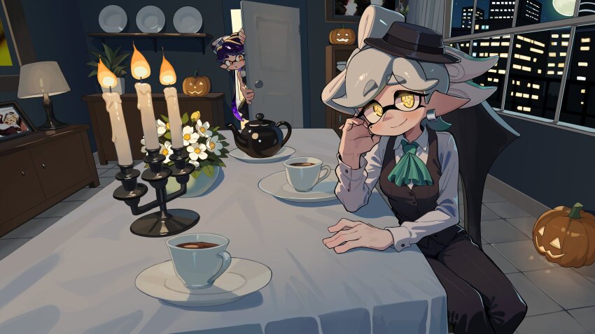 +_+ 2girls absurdres arm_support ascot black_dress black_hair black_hat black_pants black_vest blush bow-shaped_hair breasts callie_(splatoon) callie_(splatoween_2020)_(splatoon) candle candlestand chair cityscape collared_shirt colored_inner_hair commentary cup door dress drink earrings elbow_on_table english_commentary fedora flower flower_pot gradient_hair green_ascot green_hair grey_hair hand_on_table hat head_on_hand head_rest highres indoors inkling jack-o&#039;-lantern jewelry lamp laz_gm long_pointy_ears long_sleeves looking_at_viewer marie_(splatoon) marie_(splatoween_2020)_(splatoon) mole mole_under_eye moon multicolored_hair multiple_girls night night_sky nintendo on_chair open_door opening_door pants plant pointy_ears purple_hair red_eyes saucer shirt short_hair sitting sky sleeveless sleeveless_dress smile splatoon_(series) suction_cups table tablecloth teapot tentacles thick_eyebrows twintails vest white_flower white_hair white_shirt yellow_eyes