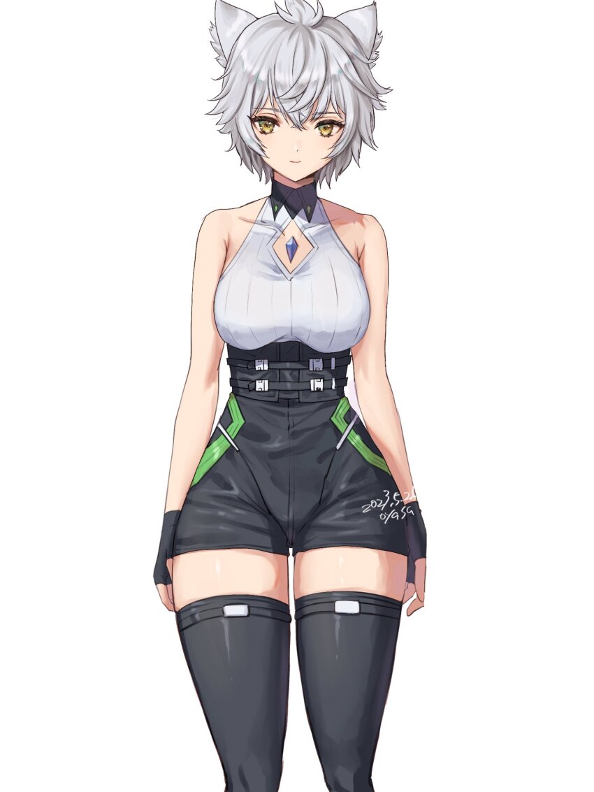 1girl animal_ears black_thighhighs breasts cat_ears cat_girl chest_jewel closed_mouth clothing_cutout commentary_request core_crystal_(xenoblade) crystal dated diamond_cutout fingerless_gloves gloves high-waist_shorts highres looking_at_viewer medium_breasts messy_hair na&#039;el_(xenoblade) romper short_hair short_shorts shorts simple_background smile solo standing thigh_focus thighhighs white_background xenoblade_chronicles_(series) xenoblade_chronicles_3 xenoblade_chronicles_3:_future_redeemed yamamori_kinako yellow_eyes