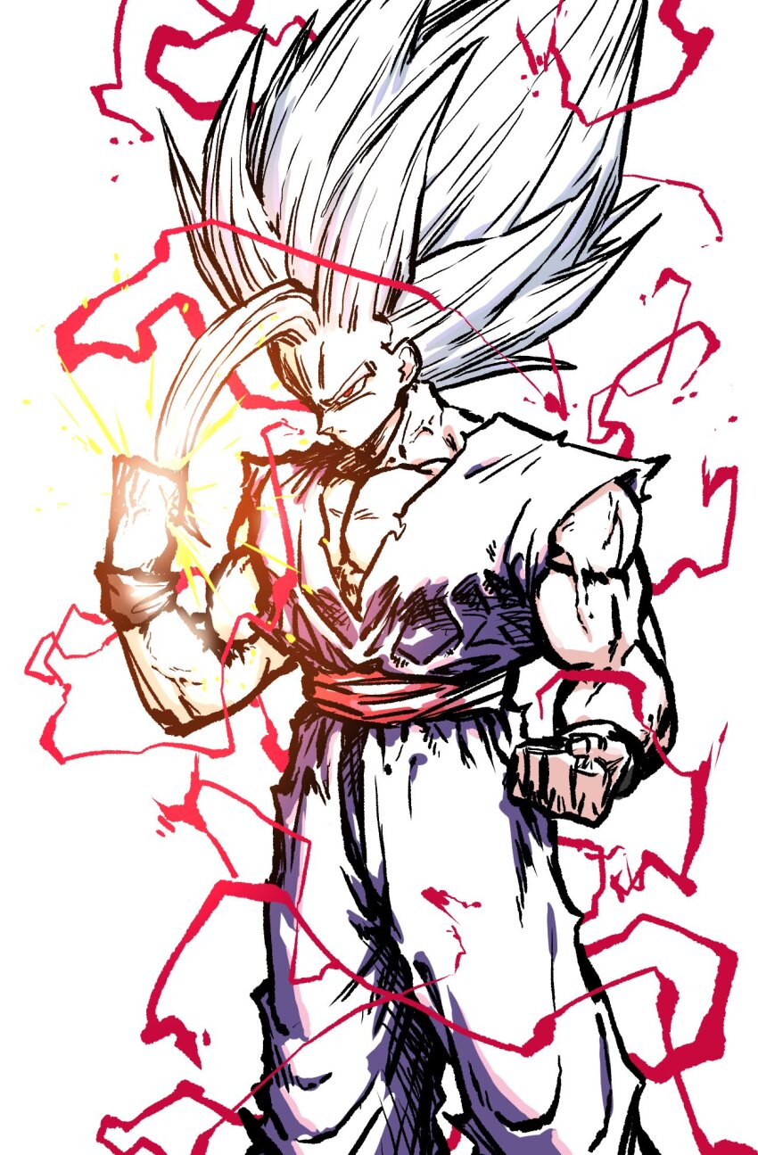 1boy bakarott dragon_ball dragon_ball_super dragon_ball_super_super_hero energy_fist fighting_stance gohan_beast highres lightning muscular muscular_male red_eyes serious sketch solo son_gohan spiked_hair white_background white_hair
