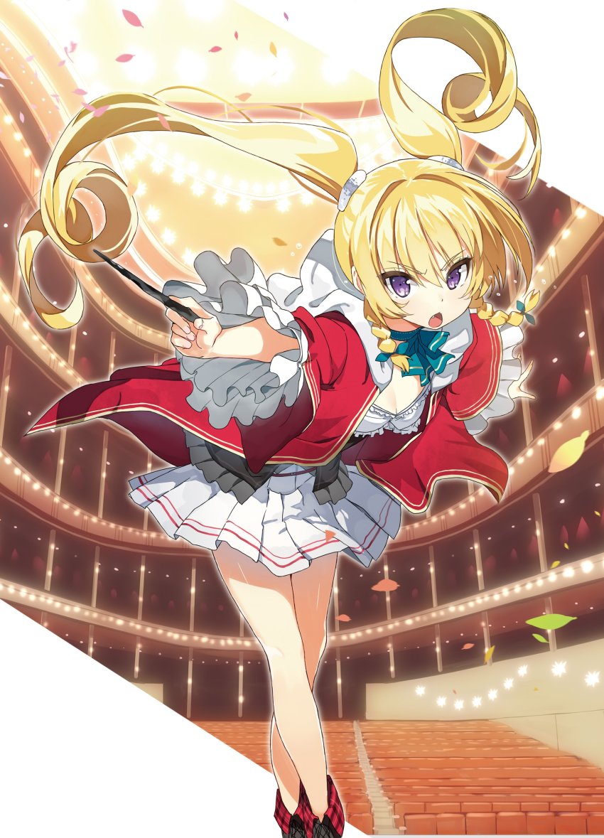 1girl absurdres alicia_vladia_sarkista blonde_hair bow braid breasts buta_koushaku cleavage fang feet_out_of_frame frilled_sleeves frills green_bow green_neckwear hair_bow hair_ornament highres holding holding_wand leaning_forward long_hair looking_at_viewer miniskirt nauribon novel_illustration official_art open_clothes open_mouth open_robe outstretched_arms pleated_skirt purple_eyes red_robe robe side_braid skirt small_breasts solo standing textless_version twin_braids twintails v-shaped_eyebrows very_long_hair wand white_skirt wide_sleeves