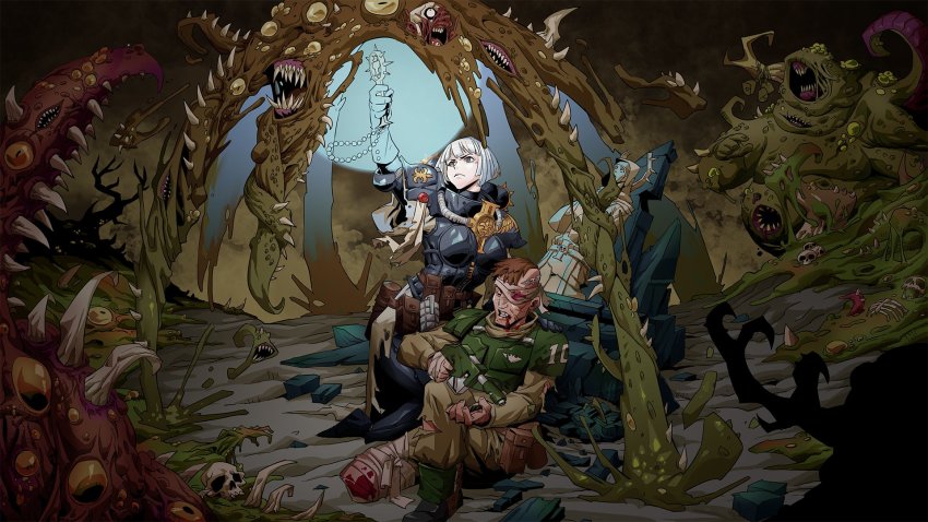1boy 1girl adepta_sororitas armor astra_militarum bolt_pistol bolter highres imperium_of_man medium_hair nurgle rmulderz short_hair shoulder_armor silver_hair sisters_of_battle warhammer_40k weapon