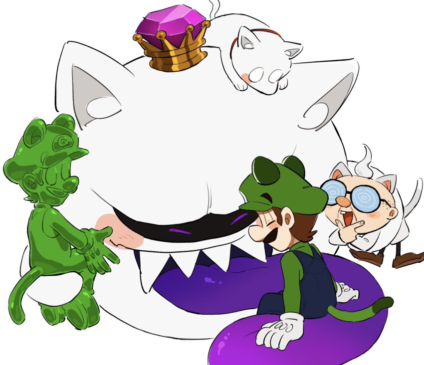 3boys animal_ears blue_overalls brown_footwear brown_hair cat_ears facial_hair ghost glasses gloves gooigi green_shirt hat highres king_boo luigi luigi&#039;s_mansion luigi&#039;s_mansion_3 male_focus mario_(series) mimimi_(mimimim9999) multiple_boys mustache nintendo overalls polterpup professor_elvin_gadd shirt short_hair tail white_gloves