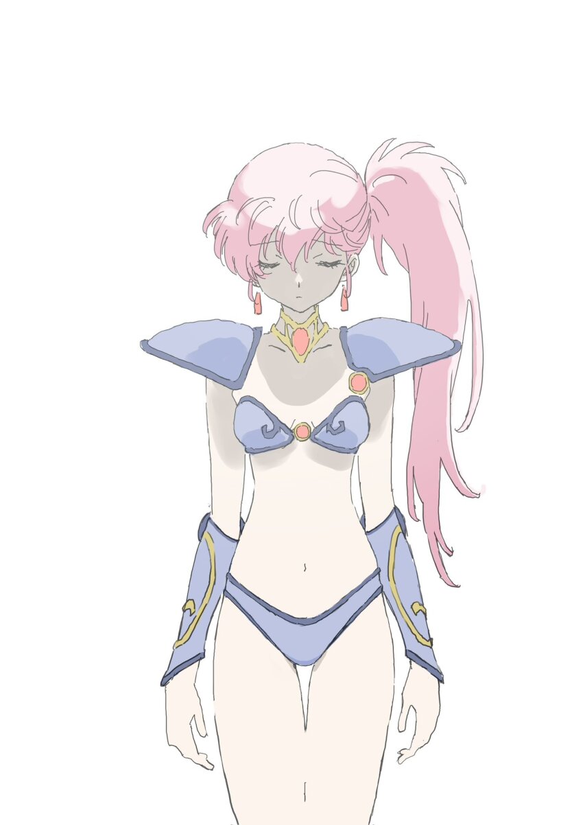 1girl armor asagiri_youko bikini_armor breasts closed_eyes earrings facing_viewer genmu_senki_leda highres jewelry long_hair pauldrons pink_hair shoulder_armor side_ponytail simple_background sketch small_breasts solo thigh_gap vambraces warder2013 white_background