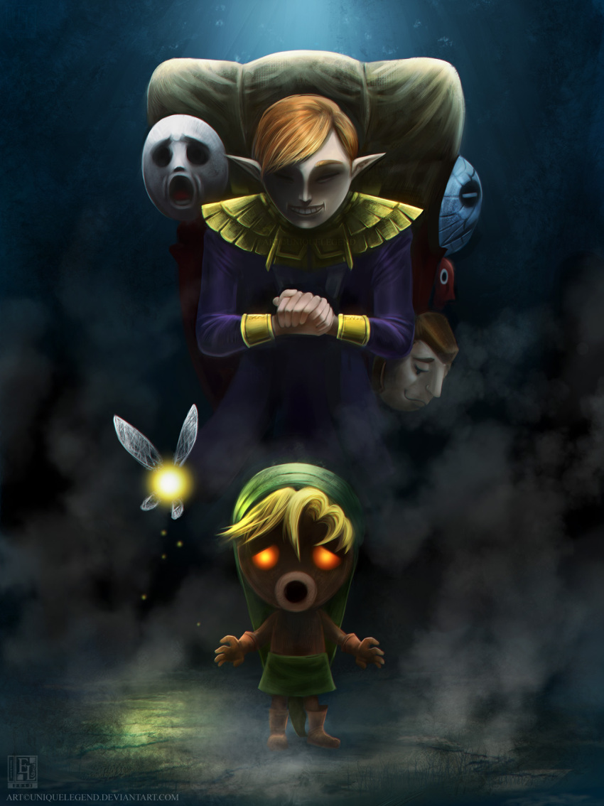 1girl 2boys alternate_form blonde_hair commentary deku_link deku_scrub english_commentary evil_smile eyes_in_shadow fairy fairy_wings floating fusion glowing glowing_eyes green_shorts happy_mask_salesman hat highres jasqreate link long_sleeves looking_ahead looking_at_another looking_at_viewer mask multiple_boys nintendo no_pupils open_mouth orange_hair own_hands_clasped own_hands_together pointy_ears short_hair shorts smile standing tael the_legend_of_zelda the_legend_of_zelda:_majora&#039;s_mask wings