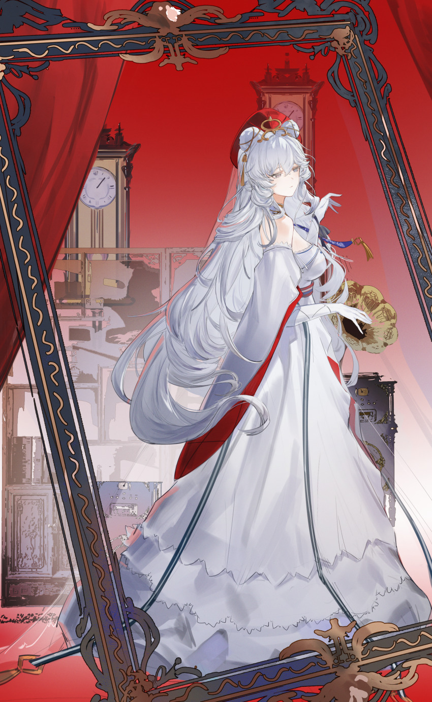 1girl :| absurdres animal_ears arknights bare_shoulders bear_ears blue_eyes breasts clock closed_mouth curtains detached_collar dress elbow_gloves empty_picture_frame expressionless flantia from_side full_body gloves hand_up hat heterochromia highres indoors large_breasts long_dress off-shoulder_dress off_shoulder official_alternate_costume picture_frame purple_eyes red_hat rosa_(arknights) rosa_(masterpiece)_(arknights) solo stage_curtains white_dress white_gloves white_hair