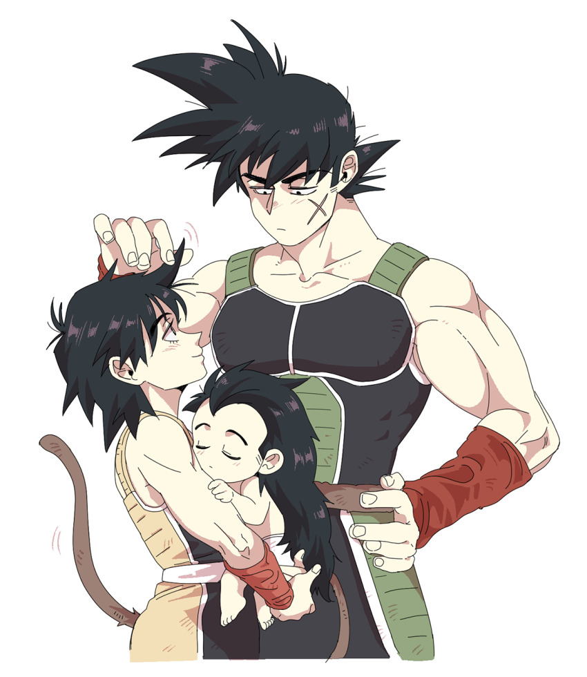 1girl 2boys aged_down baby bardock black_eyes black_hair carrying carrying_baby carrying_person closed_eyes collarbone commentary cowboy_shot cross_scar diaper dragon_ball dragon_ball_minus dragonball_z english_commentary father_and_son gine hand_on_own_hip highres husband_and_wife jitome light_blush long_hair looking_at_another looking_down looking_up magni_yoon medium_hair monkey_boy monkey_girl monkey_tail mother_and_son motion_lines multiple_boys muscular muscular_male parent_and_child playing_with_another&#039;s_hair profile raditz red_arm_warmers saiyan saiyan_armor scar short_hair sleeping spiked_hair tail white_background widow&#039;s_peak