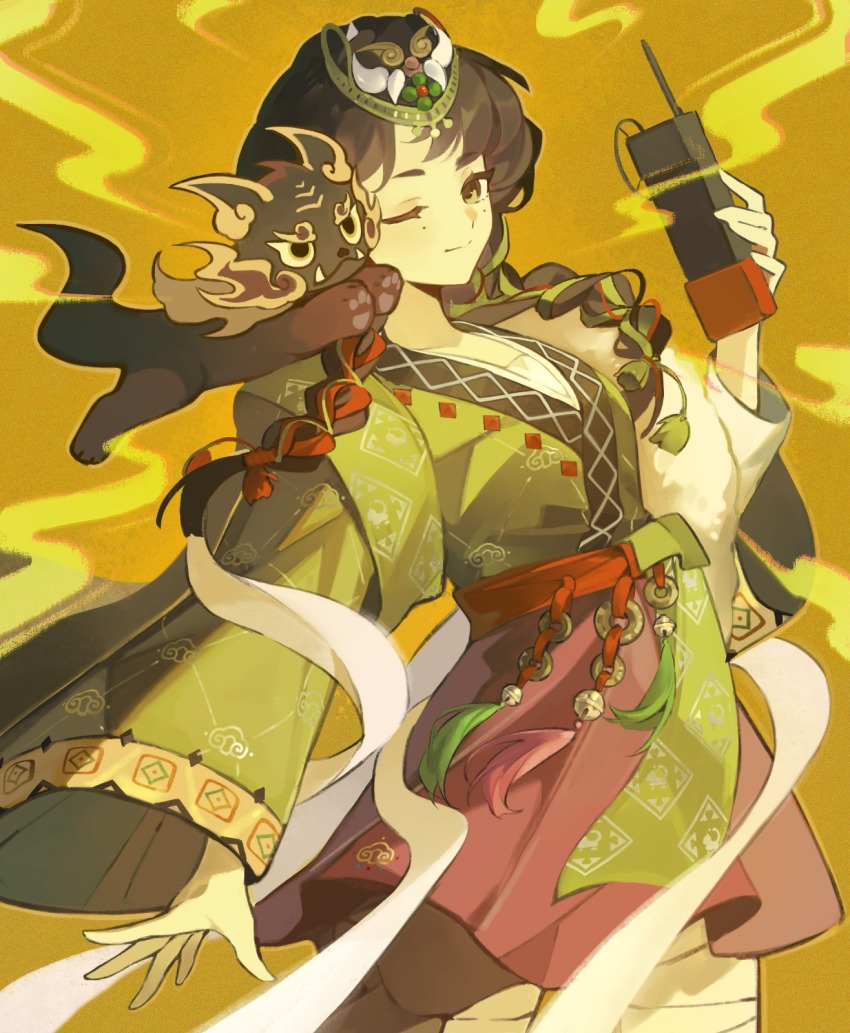 1girl ;) bandaged_leg bandages black_hair braid cellphone chinese_clothes cowboy_shot creature creature_on_shoulder from_side green_hanfu hand_up hanfu highres holding holding_phone leg_wrap liang_yue_(reverse:1999) long_hair looking_at_viewer low_twin_braids mark_under_both_eyes mask mask_on_head miniskirt on_shoulder one_eye_closed phone qiangliang_(reverse:1999) quanx70909457 red_skirt reverse:1999 skirt smile solo twin_braids yellow_background yellow_eyes