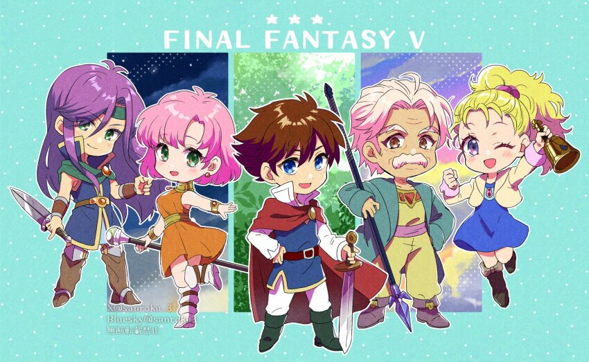 2boys 3girls aqua_background bare_shoulders bartz_klauser bell belt blonde_hair blue_dress blue_eyes blue_tunic bob_cut boots bracer breasts brooch brown_eyes brown_hair chibi cloak closed_mouth coat cropped_jacket dagger dress earrings facial_hair faris_scherwiz final_fantasy final_fantasy_v full_body galuf_halm_baldesion grandfather_and_granddaughter green_cloak green_coat green_eyes green_footwear green_headband grey_footwear grey_hair hair_between_eyes hair_tie headband highres holding holding_bell holding_dagger holding_knife holding_polearm holding_staff holding_sword holding_weapon jacket jewelry knee_pads knife krile_mayer_baldesion_(ff5) lenna_charlotte_tycoon light_blush long_hair long_sleeves medium_breasts multiple_boys multiple_girls mustache old old_man one_eye_closed open_mouth orange_dress pants parted_bangs pink_hair polearm ponytail popped_collar purple_hair red_cloak sanroku_3 shirt short_hair siblings sisters smile staff sword tunic twitter_username wavy_hair weapon white_pants white_shirt yellow_jacket yellow_pants