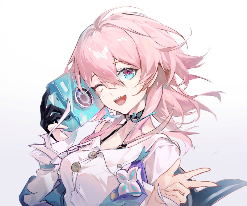 1girl black_choker black_gloves blue_eyes blue_jacket breasts buttons camera chinese_commentary choker commentary_request flower_ornament from_side gloves highres holding holding_camera honkai:_star_rail honkai_(series) jacket long_sleeves looking_at_viewer making-of_available march_7th_(honkai:_star_rail) march_7th_(preservation)_(honkai:_star_rail) medium_breasts multicolored_eyes multicolored_jacket off-shoulder_jacket off_shoulder one_eye_closed open_mouth partially_fingerless_gloves pink_eyes pink_hair pink_jacket refa shirt simple_background single_glove smile solo teeth two-tone_eyes upper_body upper_teeth_only w white_background white_shirt