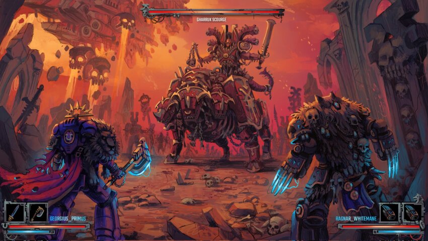 6+boys adeptus_astartes animal armor armor_writing armored_animal axe battle_axe blue_armor boss_fight cerberus chain chaos_(warhammer) chaos_space_marine claw_(weapon) cloak club club_(weapon) colored_skin commentary dark_souls_(series) demon demon_tail english_commentary fake_horns fake_screenshot fighting_stance floating from_behind gameplay_mechanics glowing glowing_weapon greaves hair_tubes heads-up_display health_bar helmet highres holding holding_axe holding_sword holding_weapon horned_helmet horns lava levitation lion_pelt male_focus marton_kapoli monster multiple_boys nose_piercing nose_ring omega_symbol pelt piercing planted planted_sword planted_weapon power_armor power_claw red_armor red_cloak red_skin red_sky riding ruins runes shoulder_armor sign_of_khorne skeleton skull skull_belt skull_ornament sky space_wolves spiked_club sun_symbol sword tail torn_cloak torn_clothes ultramarines user_interface warhammer_40k weapon world_eaters