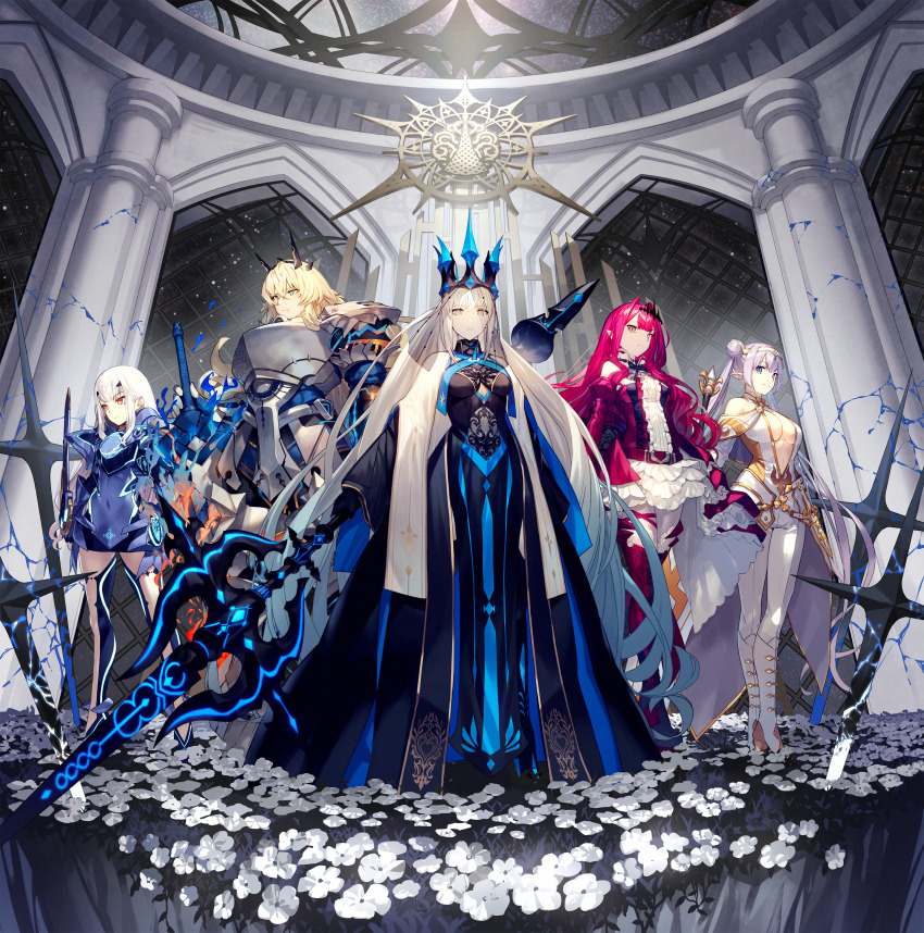 5girls absurdres arm_guards armor armored_dress baobhan_sith_(fate) baobhan_sith_(first_ascension)_(fate) bare_shoulders barghest_(fate) barghest_(first_ascension)_(fate) black_dress black_gloves blonde_hair blue_armor blue_dress blue_eyes blue_thighhighs boots braid breastplate breasts britomart_(fate) britomart_(second_ascension)_(fate) capelet center_frills center_opening cleavage crown detached_collar detached_sleeves double_bun dress earrings elbow_gloves faerie_knights_(fate) fairy_sword_arondight fairy_sword_galatine fate/grand_order fate_(series) faulds flower forked_eyebrows frills full_body gauntlets gloves gold_trim greatsword greaves green_eyes grey_eyes grey_hair hair_bun hair_ornament hairband highres holding holding_staff horns jewelry large_breasts long_hair long_sleeves looking_at_viewer melusine_(fate) melusine_(first_ascension)_(fate) morgan_le_fay_(fate) morgan_le_fay_(queen_of_winter)_(fate) multiple_girls nakanishi_tatsuya pants pauldrons pelvic_curtain penetrate_bladud pink_hair pointy_ears ponytail red_dress shirt short_dress shoulder_armor sidelocks small_breasts staff stole sword taut_clothes taut_dress thigh_boots thighhighs tiara tight_clothes tight_pants twintails two-tone_dress veil very_long_hair weapon white_capelet white_dress white_gloves white_hair white_pants white_shirt wide_sleeves yellow_eyes