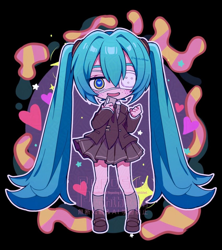 1girl black_background blue_eyes blue_hair brown_jacket brown_necktie brown_shoes brown_skirt commentary eyepatch freckles full_body futaba969649 grey_socks hatsune_miku heart heart-shaped_pupils highres jacket long_hair long_sleeves looking_at_viewer medical_eyepatch monitoring_(vocaloid) necktie open_mouth outline pleated_skirt shoes skirt smile socks solo standing symbol-shaped_pupils twintails twitter_username very_long_hair vocaloid watermark white_outline