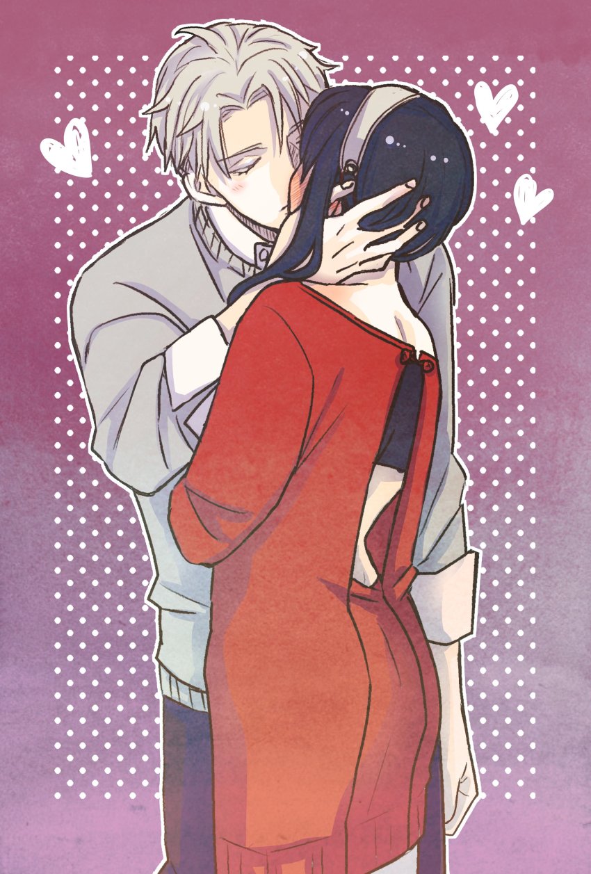 1boy 1girl absurdres back_cutout backless_outfit bare_shoulders black_hair black_pants blush clothing_cutout collared_shirt full-face_blush grey_hair grey_sweater hairband head_hold heart hetero highres husband_and_wife kiss median_furrow pants shirt short_hair spy_x_family standing sweater twilight_(spy_x_family) white_shirt yor_briar