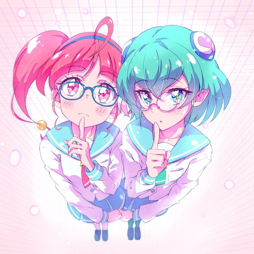 2girls :o ahoge antennae aqua_hair aqua_pantyhose aqua_sailor_collar blue-framed_eyewear blue_hairband blue_sailor_collar blue_skirt blunt_bangs blush closed_mouth collarbone commentary_request finger_to_mouth foreshortening from_above frown full_body glasses green_neckwear grid_background hagoromo_lala hair_between_eyes hair_ornament hairband heart heart_hair_ornament highres holding_hands hoshina_hikaru index_finger_raised kyoutsuugengo loafers long_sleeves looking_at_viewer looking_up mihoshi_middle_school_uniform multiple_girls necktie open_mouth pantyhose perspective pince-nez pink-framed_eyewear pink_hair pink_neckwear pleated_skirt pointy_ears precure round_eyewear sailor_collar school_uniform serafuku shirt shoes short_hair shushing skirt star-shaped_pupils star_(symbol) star_in_eye star_twinkle_precure symbol-shaped_pupils symbol_in_eye twintails white_legwear