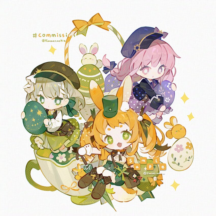 +_+ 3girls :d :o animal_ear_fluff animal_ears black_bow black_bowtie black_jacket blue_bow blue_hat boots bow bowtie braid bright_pupils brown_boots brown_hat chibi chibi_only closed_mouth commission easter_egg egg full_body green_eyes green_hair green_hat green_skirt hair_bow hat highres jacket kanae_(cookie) long_hair looking_at_viewer multiple_girls open_mouth orange_hair original pink_eyes pink_hair rabbit_ears rabbit_girl shirt simple_background skirt smile thick_eyebrows thighhighs twintails twitter_username white_background white_pupils white_shirt white_thighhighs wrist_cuffs