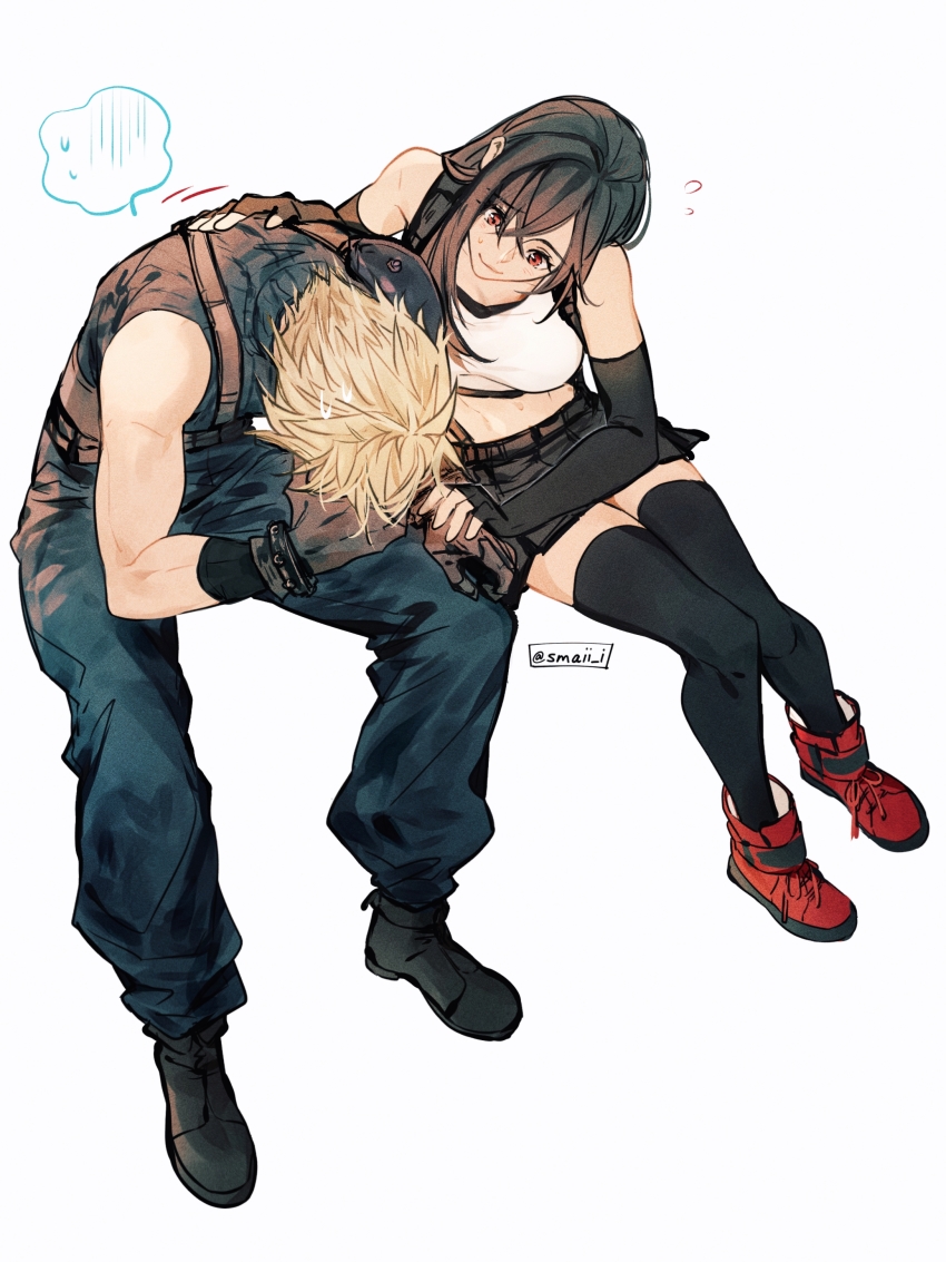 1boy 1girl absurdres armor bare_shoulders black_footwear black_gloves black_hair black_skirt black_thighhighs blonde_hair boots breasts cloud_strife commentary crop_top elbow_gloves english_commentary final_fantasy final_fantasy_vii final_fantasy_vii_remake fingerless_gloves flying_sweatdrops full_body gloves hair_between_eyes hand_on_another&#039;s_back highres invisible_chair long_hair looking_at_another looking_down maiii_(smaii_i) medium_breasts midriff navel red_eyes red_footwear shoulder_armor sick single_bare_shoulder sitting skirt sleeveless sleeveless_turtleneck spiked_hair suspender_skirt suspenders sweatdrop sweater tank_top thighhighs tifa_lockhart turtleneck turtleneck_sweater twitter_username white_background white_tank_top zettai_ryouiki