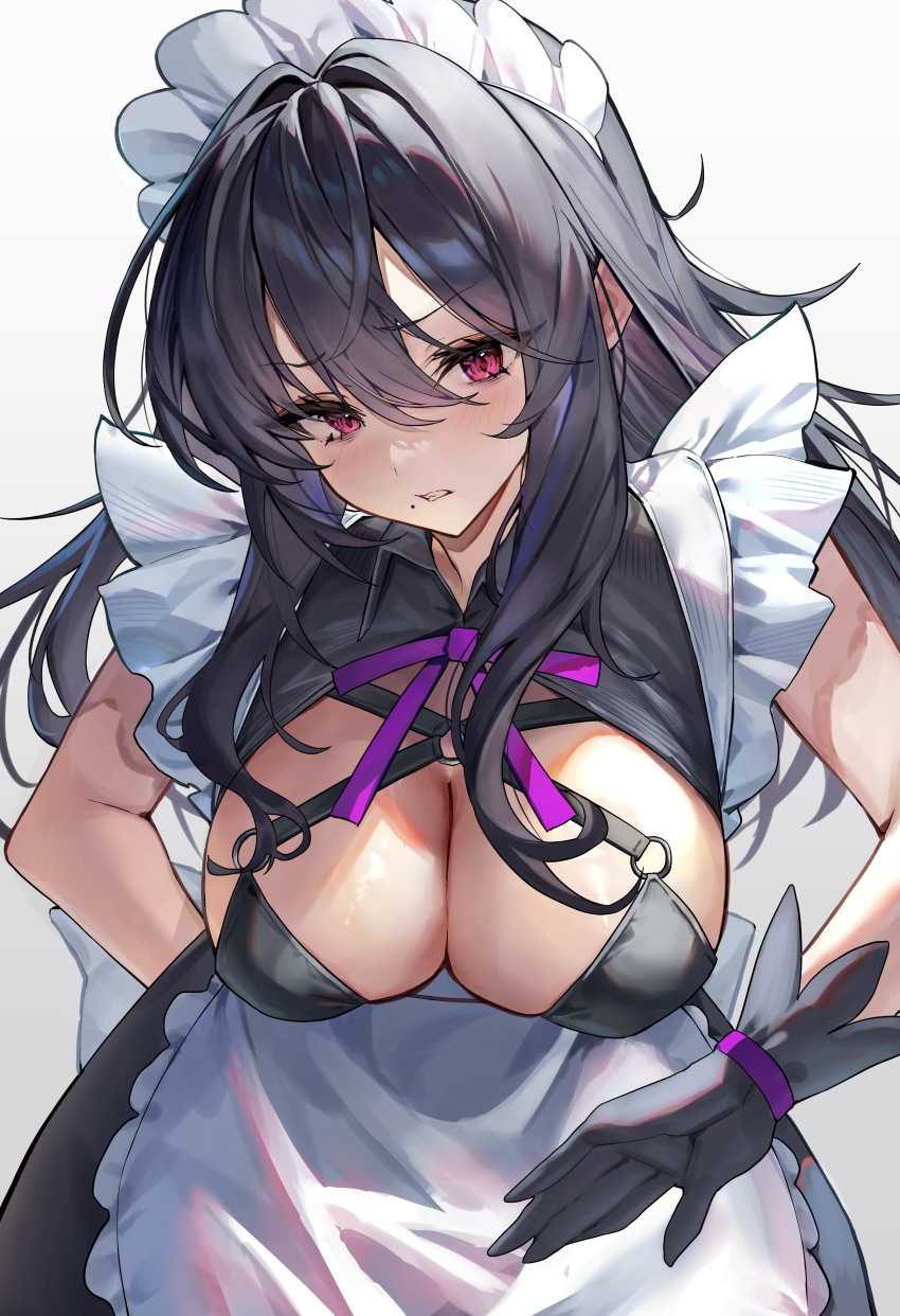 1girl absurdres apron black_dress black_gloves black_hair breasts cleavage clenched_teeth commentary_request cowboy_shot dress gloves highres kabi_(zcwd8845) large_breasts leaning_forward long_hair looking_at_viewer maid maid_apron maid_headdress mole mole_under_mouth o-ring original paid_reward_available red_eyes simple_background solo teeth white_background