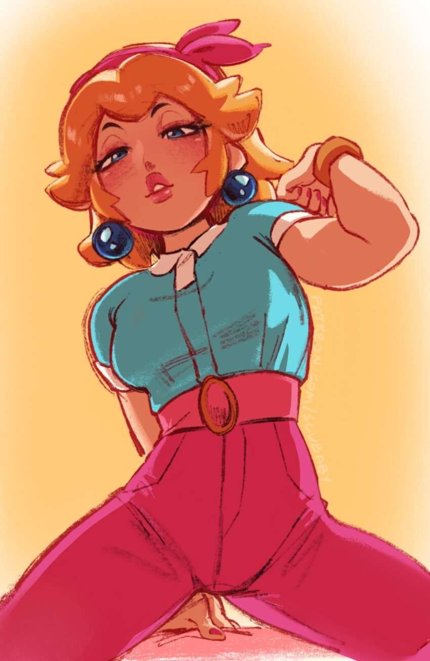 1girl blonde_hair blue_eyes blue_shirt bracelet earrings hair_ribbon highres jewelry long_hair looking_at_viewer mario_(series) mario_kart mario_kart_world nintendo official_alternate_costume pants pink_nails pink_pants pink_ribbon princess_peach princess_peach_(sightseeing) ribbon scubaby shirt short_sleeves solo sphere_earrings