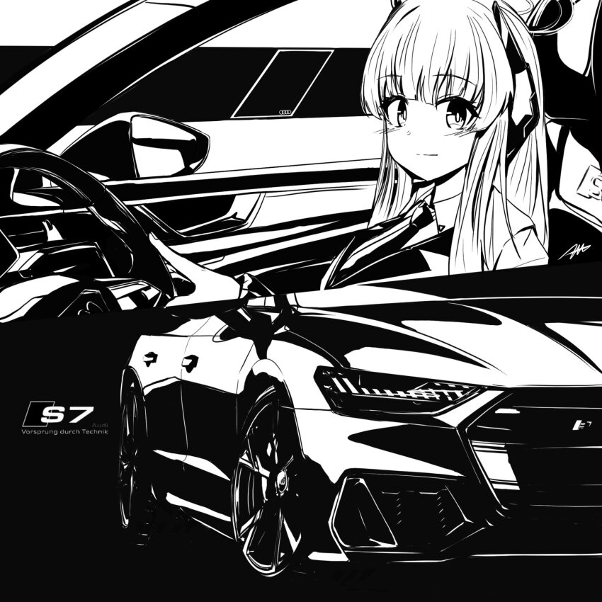 1girl audi audi_s7 blue_archive car closed_mouth collared_shirt commentary driving english_commentary from_side greyscale headgear highres long_hair looking_at_viewer monochrome motor_vehicle necktie noa_(blue_archive) nougat_(no_9ada) shirt signature smile solo steering_wheel upper_body