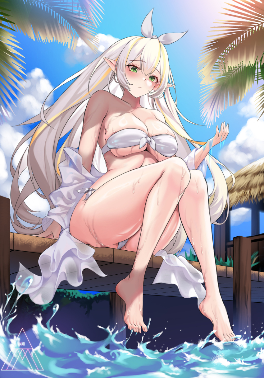 1girl :/ artist_logo bare_shoulders barefoot bikini blue_sky breasts cleavage cloud cloudy_sky collarbone commentary commission double-parted_bangs elf feet front-tie_bikini_top front-tie_top green_eyes hair_between_eyes hair_ribbon hand_up highres hut large_breasts legs logo long_hair looking_at_viewer mad_kimo multicolored_hair off_shoulder original palm_tree pointy_ears revision ribbon shawl side-tie_bikini_bottom sitting skindentation sky solo splashing streaked_hair sunlight swimsuit thick_thighs thighs toenails toes tree underboob very_long_hair water wet white_bikini white_hair white_ribbon white_shawl wooden_deck