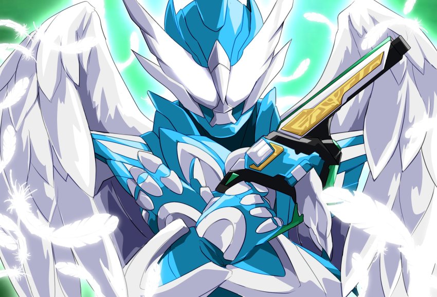 1boy angel_wings armor blue_armor bodysuit compound_eyes crossed_arms feathered_wings glowing green_background grey_bodysuit gun handgun highres holy_live kamen_rider kamen_rider_live kamen_rider_revice livegun male_focus miyabi_(037) pistol upper_body weapon white_eyes wing_genome wings