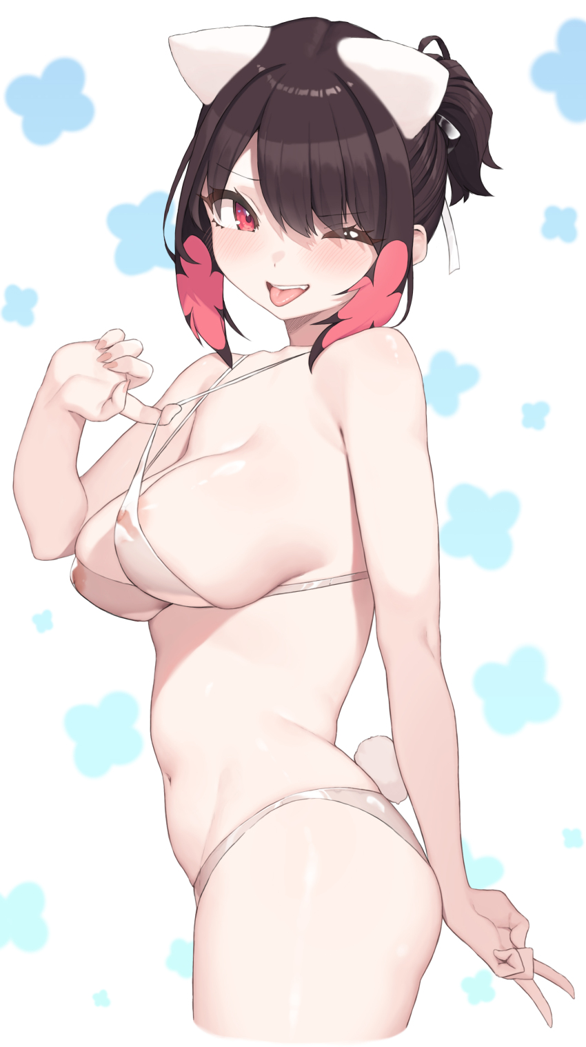 1girl ;p absurdres areola_slip bikini black_hair breasts cloba fingernails highres large_breasts looking_at_viewer navel one_eye_closed original player_2_(cloba) red_eyes see-through_bikini see-through_clothes short_hair solo stomach swimsuit thighs tongue tongue_out v white_bikini