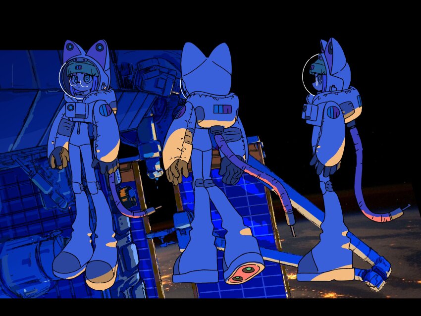 3girls absurdres animal_ears animal_ears_helmet animal_helmet anime_coloring aqua_eyes arms_at_sides beanie bright_pupils cable cable_tail cat_ear_helmet cat_ears reference_sheet closed_mouth commentary concept_art dual_persona earth_(planet) expressionless eyelashes eyeshadow facing_away facing_to_the_side fake_animal_ears fake_tail from_behind from_side glasses green_hair hanabushi hat helmet highres knees_together_feet_apart legs_apart letterboxed long_sleeves makeup mechanical_tail multiple_girls multiple_views narrow_waist nira-chan nira-chan_(uso_janai)_(zutomayo) official_art open_hands pink_eyeshadow planet print_hat print_sleeves production_art profile puffy_long_sleeves puffy_sleeves purple_eyes rimless_eyewear round_eyewear skinny space space_helmet spacecraft spacesuit standing symbol-only_commentary tail turnaround uso_janai_(zutomayo) white_helmet white_pupils white_sleeves zutto_mayonaka_de_ii_no_ni