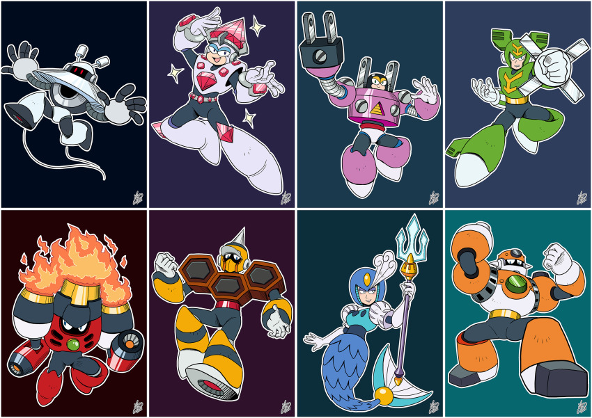 capcom concrete_man eyeshadow fire full_body galaxy_man highres hornet_man jewel_man looking_at_viewer magma_man makeup mega_man_(classic) mega_man_(series) mega_man_9 plug plug_man polearm red_eyes robot robot_girl splash_woman tornado_man trident weapon