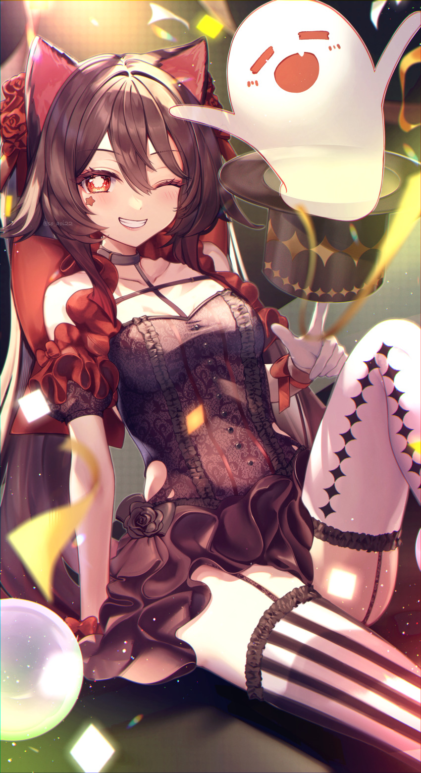 1girl ;d absurdres alternate_costume animal_ears asahi_(vjss4548) asymmetrical_legwear bare_shoulders black_choker black_flower black_rose blush breasts brown_hair cat_ears choker cleavage collarbone facial_mark flower flower-shaped_pupils genshin_impact ghost gloves grin hair_flower hair_ornament hat highres hu_tao_(genshin_impact) kemonomimi_mode knee_up long_hair looking_at_viewer magic medium_breasts mismatched_legwear one_eye_closed open_mouth red_eyes red_flower red_rose rose short_sleeves sitting smile solo star_(symbol) striped_clothes striped_thighhighs symbol-shaped_pupils thighhighs top_hat twintails twitter_username unworn_hat unworn_headwear vertical-striped_clothes vertical-striped_thighhighs very_long_hair white_gloves white_thighhighs
