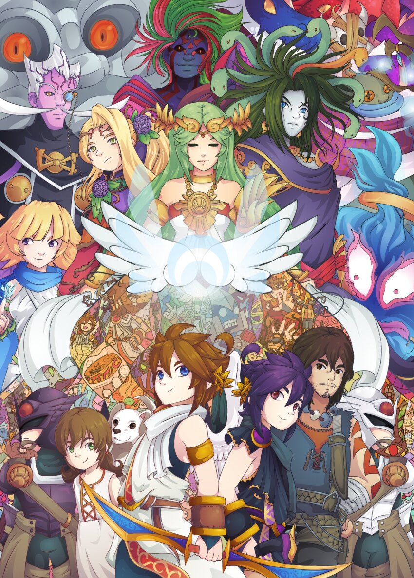 ahoge arlon_(kid_icarus) arlon_(kid_icarus) blue_lips brown_hair character_request chariot_master closed_mouth commentary cragalanche dark_pit dark_pit_staff_(kid_icarus) dog_(kid_icarus) english_commentary everyone fighter_(kid_icarus) girl_(kid_icarus) hades_(kid_icarus) hair_between_eyes hewdraw highres kid_icarus kid_icarus_uprising ladymaggie magnus_(kid_icarus) mature_male medusa_(kid_icarus) multiple_boys multiple_girls nintendo palutena palutena_bow_(kid_icarus) pandora_(kid_icarus) phosphora pit_(kid_icarus) smile snake_hair thanatos_(kid_icarus) thick_lips viridi