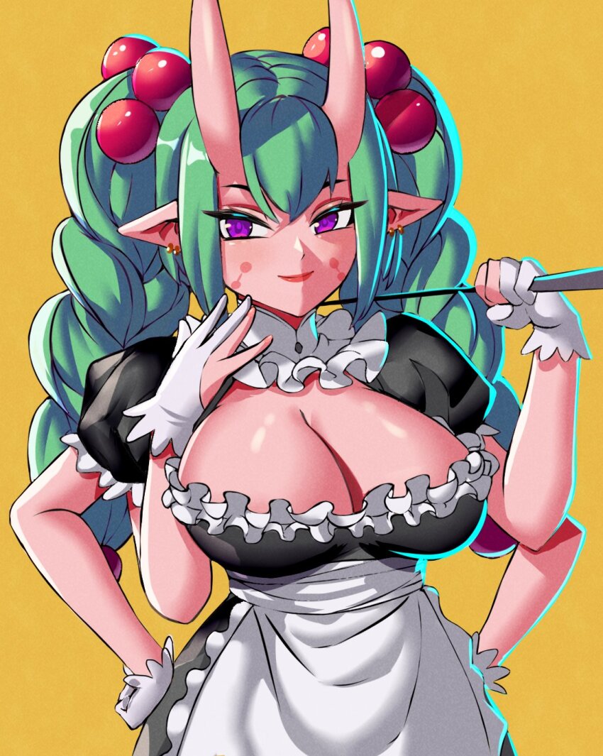 1girl apron beads black_dress braid breasts cleavage closed_mouth collar commentary cowboy_shot demon_girl dress earrings english_commentary enma_(enmanuelart) extra_arms eyelashes frilled_apron frilled_collar frilled_dress frills gloves green_hair hair_beads hair_ornament hand_to_own_mouth hands_on_own_hips highres holding holding_whip horns jewelry large_breasts lips long_hair looking_at_viewer maid maid_apron markings_on_cheeks original partially_fingerless_gloves pointy_ears puffy_short_sleeves puffy_sleeves purple_eyes red_lips short_sleeves sidelocks simple_background skin-covered_horns smile solo twin_braids white_collar white_gloves yellow_background