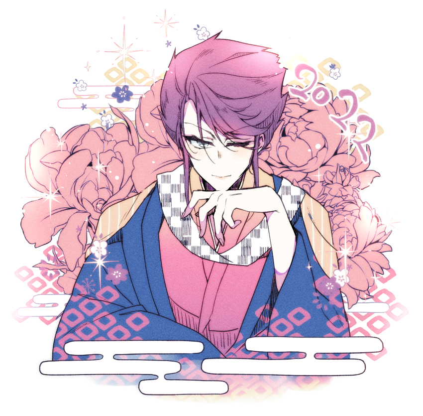2022 blue_jacket choujuu_kishin_dancouga dancouga_(series) flower grey_eyes hair_behind_ear highres jacket japanese_clothes kimono looking_at_viewer male_focus nail_polish pink_flower pink_kimono purple_hair purple_nails shapiro shapiro_keats sparkle v-shaped_eyebrows