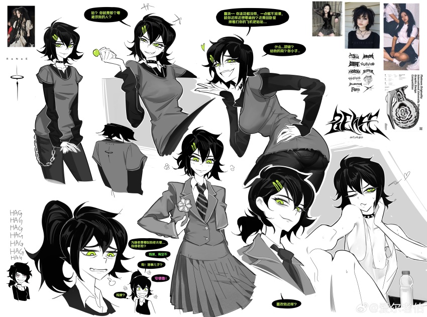 2girls absurdres age_progression aged_down aierlaobo ashley_graves black_hair black_pants black_shirt bottle breasts candy chain chinese_commentary chinese_text collar collared_shirt commentary_request diagonal-striped_clothes diagonal-striped_necktie fang flower_pin food green_eyes green_theme grey_shirt greyscale hair_ornament hairclip heart highres jewelry layered_sleeves lollipop long_hair long_sleeves loose_clothes loose_dress mature_female medium_breasts medium_hair messy_hair monochrome multiple_girls multiple_views necklace necktie one_eye_closed pants photo-referenced photo_inset pleated_skirt ponytail reference_inset renee_graves revealing_clothes school_uniform shirt short_over_long_sleeves short_sleeves sigh skin_fang skirt smug speech_bubble spiked_collar spikes spot_color striped_clothes the_coffin_of_andy_and_leyley thought_bubble translation_request water_bottle watermark weibo_watermark white_background