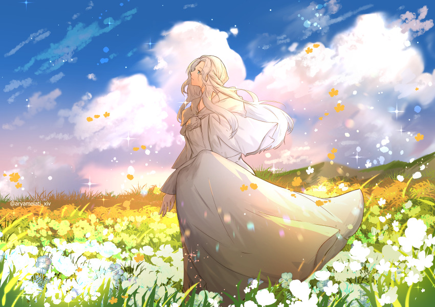 1girl absurdres arm_rest arya_melati blue_eyes blue_sky braid capelet cloud cloudy_sky day field final_fantasy final_fantasy_xiv floating flower from_side full_body grass half_up_braid highres hood hood_down hooded_capelet invisible_chair light_particles light_smile long_hair looking_up mask mask_around_neck meadow outdoors parted_lips robe scenery single_braid sitting sky solo sophist&#039;s_robe_(ff14) sparkle twitter_username unworn_mask venat_(ff14) white_capelet white_flower white_hair white_robe