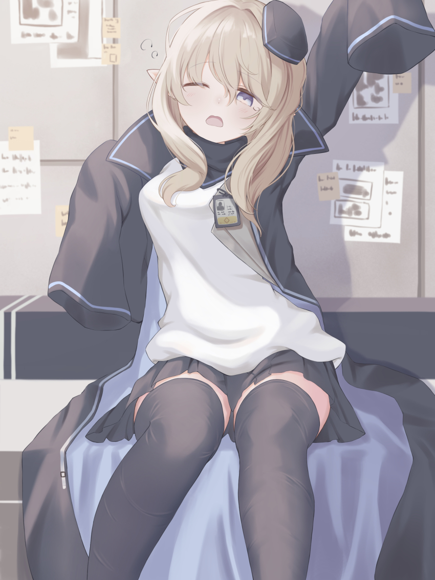 1girl absurdres arknights arm_up black_hat black_jacket black_skirt black_thighhighs blonde_hair blue_eyes breasts commentary durin_(arknights) feet_out_of_frame garrison_cap hat highres id_card indoors jacket kotokoto_(pixiv_105451061) long_sleeves open_mouth pleated_skirt pointy_ears shirt sitting skirt sleeves_past_fingers sleeves_past_wrists solo squeans tearing_up thighhighs white_shirt yawning