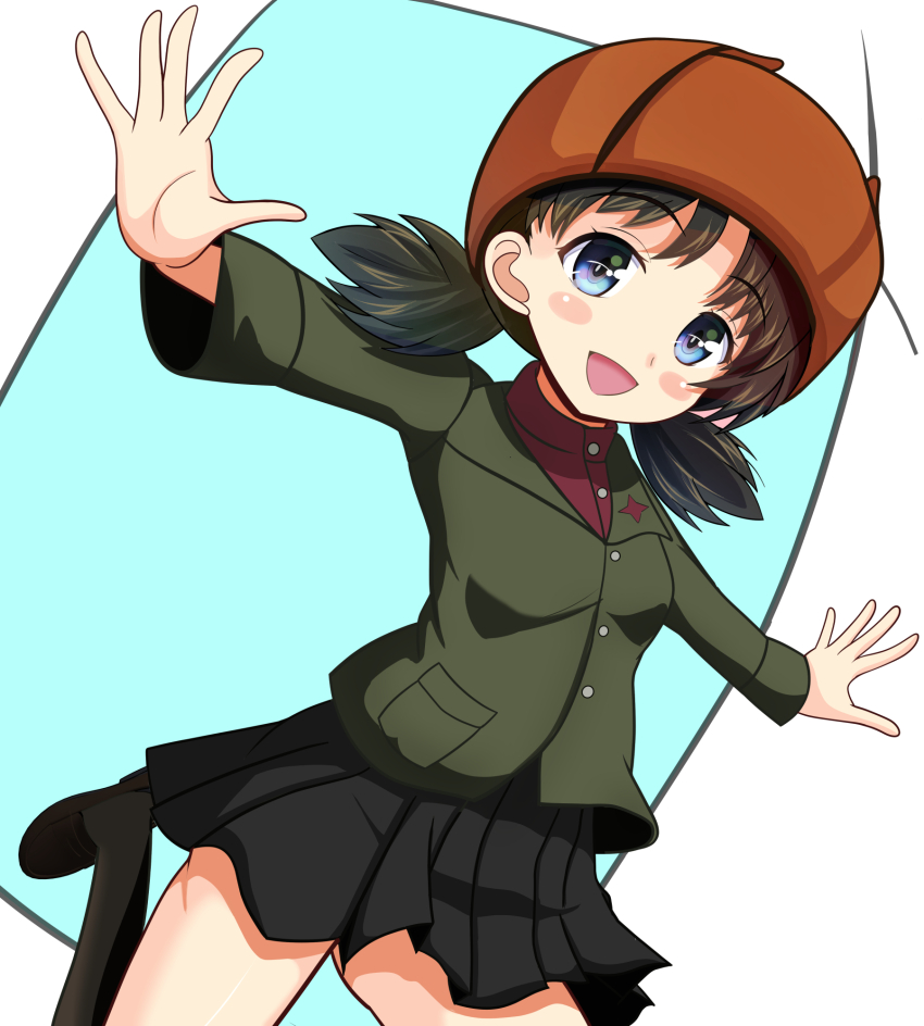 1girl black_hair black_skirt blush blush_stickers breasts girls_und_panzer helmet highres kumaisao military_uniform miniskirt nina_(girls_und_panzer) pravda_military_uniform short_hair skirt small_breasts solo twintails
