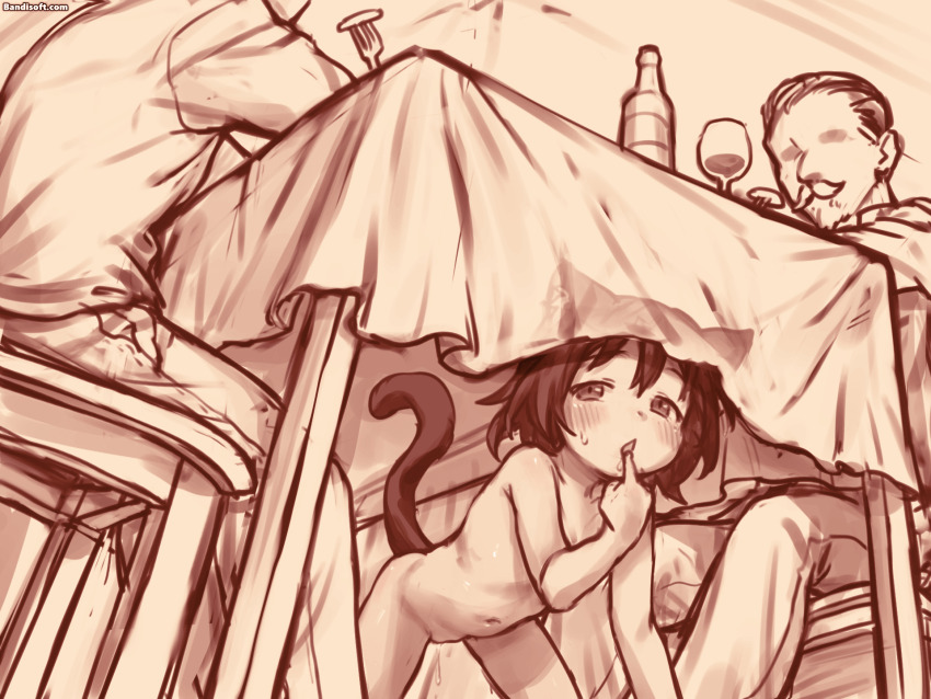 1girl 3boys ? all_fours animal_ears animated animated_gif bottle cat_ears cat_girl cat_tail caught chair completely_nude drinking eating false_smile flat_chest food_theft fork highres kurotsuki_(luowei99) loli monochrome multiple_boys nude on_chair original pussy scared short_hair sitting smile squiggle surprised sweat table tail under_table