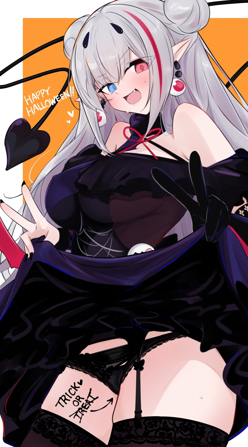 absurdres black_panties body_writing clothes_lift cowboy_shot demon_tail double_bun double_v dress earrings eyeball_earrings fang girls&#039;_frontline gloves grey_hair hair_bun halloween halloween_costume heterochromia highres jewelry lace lace-trimmed_panties lace_trim lifting_own_clothes long_hair mdr_(ghost_trap)_(girls&#039;_frontline) mdr_(girls&#039;_frontline) multicolored_dress multicolored_hair nail_polish ohichi16 open_mouth panties pointy_ears single_glove skirt skirt_lift smile spider_web_print streaked_hair tail underwear v vampire