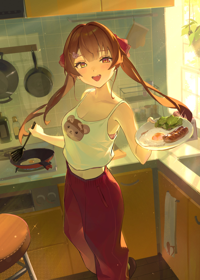 1girl :d absurdres bra breasts camisole center-flap_bangs character_print commentary_request cooking double-parted_bangs food fried_egg hair_ornament hair_ribbon hairclip heterochromia highres holding holding_plate holding_spatula hololive houshou_marine indoors kitchen large_breasts long_hair looking_at_viewer loungewear midriff open_mouth pants pink_bra plate rasa_k red_eyes red_hair red_pants red_ribbon ribbon sausage shirt sidelocks smile solo spatula standing twintails underwear virtual_youtuber white_camisole yellow_eyes