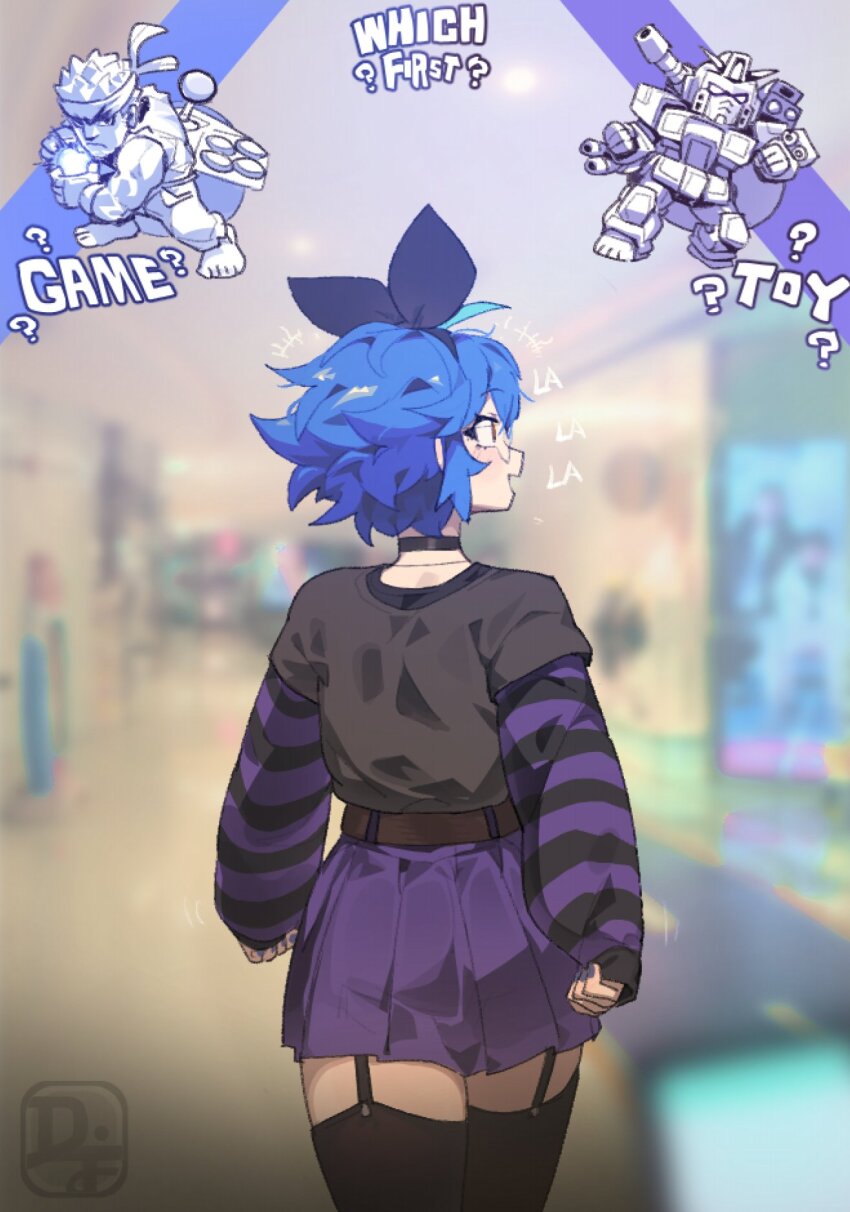 1girl arcade_stick back black_bow black_choker black_shirt black_thighhighs blue_hair blue_nails blush bow choker controller dif_(difman) difman english_text from_behind game_controller garter_straps glasses gundam hair_bow indoors joystick light_blue_hair looking_to_the_side mall mobile_suit_gundam multicolored_hair music orange_eyes original purple_shirt purple_skirt rimless_eyewear rx-78-2_gundam ryu_(street_fighter) shirt short_hair singing skirt smile solo streaked_hair street_fighter striped_clothes striped_shirt thighhighs thighs walking