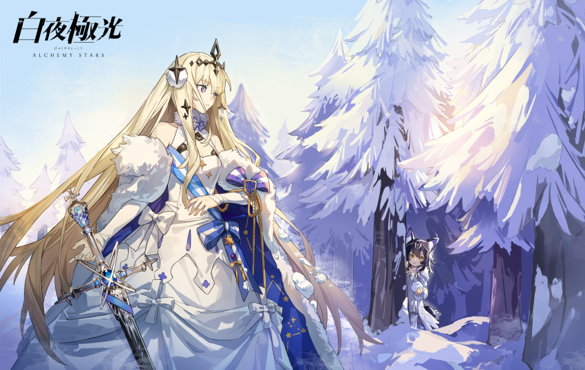 2girls :&lt; absurdres aged_down alchemy_stars animal_ears bare_shoulders behind_tree bethlehem_(alchemy_stars) black_hair blonde_hair blue_cape blue_sash blue_sky breasts cape cleavage cleavage_cutout clothing_cutout copyright_name day detached_sleeves dress forest fox_ears fox_girl fur-trimmed_cape fur_choker fur_trim hair_ornament highres holding holding_snowball jewelry logo long_dress long_hair looking_at_another looking_to_the_side medium_hair multiple_girls nature necklace official_art outdoors pine_tree pom_pom_(clothes) pom_pom_hair_ornament purple_eyes sash shoulder_sash sky snow snowball sword tiare_(alchemy_stars) tooth_necklace tree very_long_hair weapon white_dress wide_sleeves wufaxianshi_cnd yellow_eyes