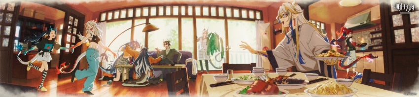 4boys 4girls absurdres arknights black_hair blonde_hair blue_hair chongyue_(arknights) commentary_request dragon_boy dragon_girl dragon_horns dragon_tail dusk_(arknights) grey_hair highres horns indoors ji_(arknights) ling_(arknights) long_hair long_image multicolored_hair multiple_boys multiple_girls nian_(arknights) pointy_ears red_hair short_hair shu_(arknights) siblings tail tomato_(lsj44867) two-tone_hair wide_image yi_(arknights) yu_(arknights)